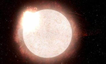 La interpretación de un artista de una estrella supergigante roja en transición a una supernova de Tipo II, emitiendo una violenta erupción de radiación y gas en su último aliento antes de colapsar y explotar.