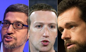 De izquierda a derecha, Sundar Pichai, Mark Zuckerberg y Jack Dorsey.