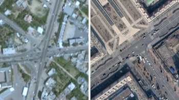Imagen de Gaza obtenida con Google Earth en la izquierda y una imagen de Pyongyang, Corea del Norte, en la derecha
