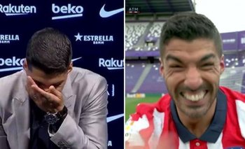 Las dos caras de Luis Suárez: cuando se despedía de Barcelona en setiembre pasado, y la de este sábado tras vencer con un gol suyo a Valladolid y conseguir el título de LaLiga