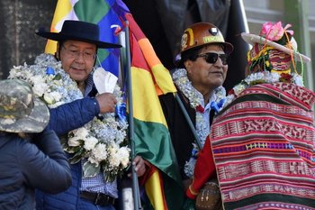 Archivo, mes de agosto. Multitudinaria marcha en La Paz, encabezada por el presidente Luis Arce, el vicepresidente David Choquehuanca y el expresidente Evo Morales