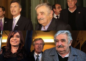 En la foto de arriba, José Mujica y Mauricio Macri. Abajo, Mujica con Cristina Fernández