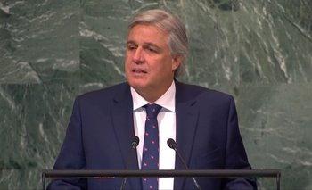 El canciller Bustillo durante su discurso en la ONU