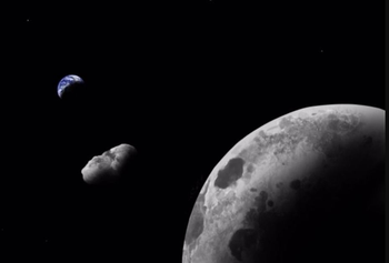 Impresión artística del cuasi satélite de la Tierra Kamo`oalewa cerca del sistema Tierra-Luna. Usando el gran telescopio binocular, los astrónomos han demostrado que podría ser un fragmento perdido de la luna.