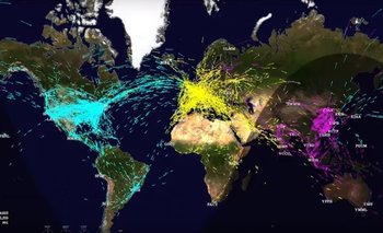 Este mapa del sistema FACENT de la NASA muestra la congestión del tráfico aéreo mundial.