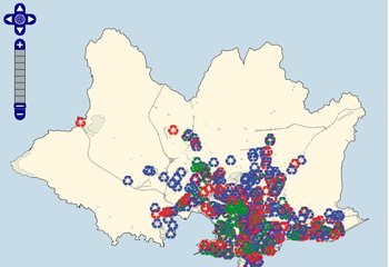En el mapa interactivo de los contenedores de basura de Montevideo, cada color corresponde a un tipo específico de residuos