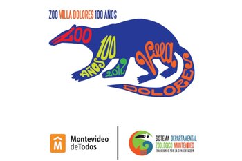 El logo de los 100 años de Villa Dolores (arriba) y del Sistema Departamental Zoológico de Montevideo (abajo derecha) es un tamanduá u oso melero