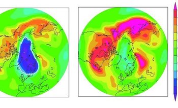 A la derecha, situación de la capa de ozono sobre el Ártico en abril de 2011. A la izquierda, como sería sin el Protocolo de Montreal